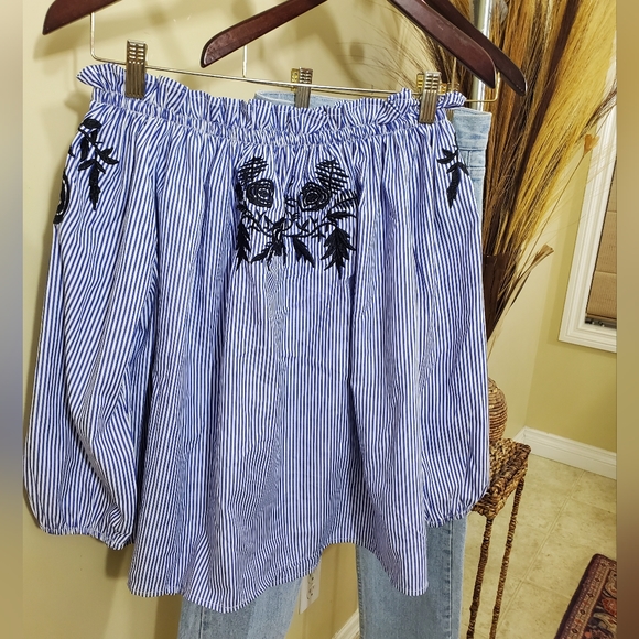 Katsumi Tops - KATSUMI Off the Shoulder Blue Stripe Top Sz. S